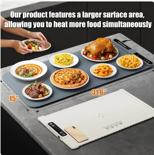 Flexible Food Warming Tray – Roll-Up Silicone Electric Food Warmer Mat with 7 Temperature Levels & Timer