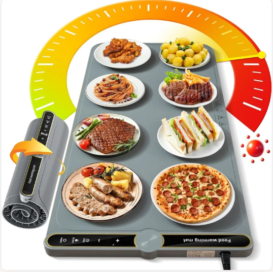 Flexible Food Warming Tray – Roll-Up Silicone Electric Food Warmer Mat with 7 Temperature Levels & Timer